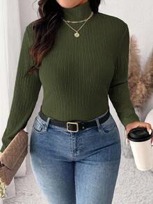 SHEIN Frenchy 女式加大码修身高领罗纹面料长袖T恤，百搭优雅 - 墨綠色 - 查看 1