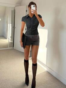 Siren Gaze 女士休闲通勤条纹修身衬衫，夏季商务休闲女衬衫修身衬衫办公室衬衫细条纹衬衫女上衣 - 深灰色 - 查看 4