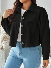 SHEIN LUNE 大码纯色前扣假口袋简约休闲夹克假日装