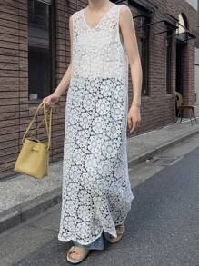 FRIFUL Women's White Solid Sheer Lace Overlay Loose Casual Dress, Versatile For Autumn Summer Women Dresses Sundress Maxi Dress - Beige - View 2