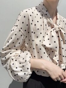 FRIFUL Women's Tie Neck Bow Polka Dot Loose Casual Versatile Blouse, Autumn Long Sleeve Top - Black and White - View 5