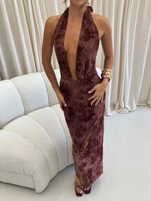 Aloruh Vestido largo elegante y sexy de mujer con cuello en V profundo, espalda descubierta y bordado en flor - Marrón - Ver 5
