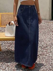 Livesso 女士高腰修身牛仔迷你裙，夏季 - 藍色 - 查看 1