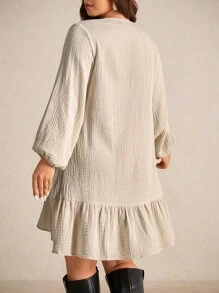 Elaquor Plus Size Casual 3/4 Lantern Sleeve Tie-Up Textured Chiffon A-Line Dress - Apricot - View 2