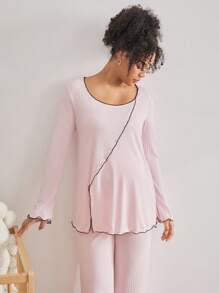Moonlight&Mama Comfortable Rib Knit Pink Long Sleeve & Pants Pajama Set, Maternity Loungewear - Pink - View 4