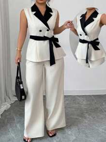 Elenzga Blazer delgado de mujer de doble botonadura con cuello de corbata, cintura ceñida, color contrastante y mezcla de lino, estilo versátil y elegante para uso diario, talla grande