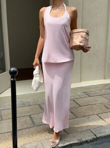 SHEIN EZwear 2pcs Women Summer Vacation Casual Solid Color Backless Halter Neck Top & Skirt Set