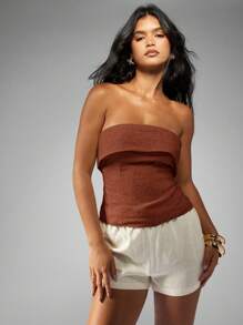 MISSGUIDED Linen Bandeau Strapless Evening Club Party Ruched Design Dinner Formal Occasion Summer Resort Wear Fashion Top - Coffee Brown - View 6