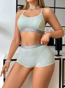 2 Stücke Damen sexy, bequemer, bunter Baumwolle Grafik-Muster Sport-Anzug Set - Hellgrau - Übersicht 5