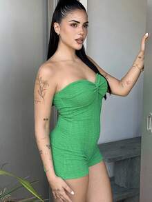 Lucia Bellido 女士纯色扭纹前开襟连体裤，休闲日常穿着 - 綠色 - 查看 6