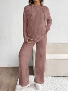 SHEIN 2pcs Maternity Solid Color Ribbed Drawstring Hoodie Sweatshirt And Pants Casual Set - Pink - View 4