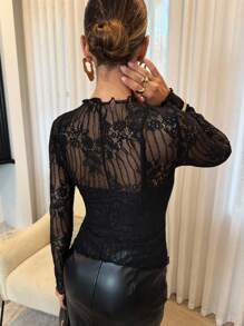 Lavishia Women's Lace Patchwork See-Through Stand Collar Long Sleeve Top ,Halloween Customs Women - Black - View 2