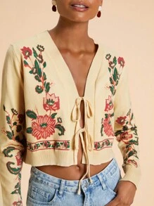 Travachic Women's Casual Floral Print Tie Front Cardigan, Fall Women Clothes ,Autumn Clothes ,Easter, Holidays, Beaches For Woman, Vacations Women, Concert Women, BOHO, Bohemia, Music Festival, Tropical Vacation Woman Clothes, Romantic, Autumn Clothes ,Winter Clothes ,Christmas Clothes, Going Out Tops Women ,Going Out Tops, Casual, Cute