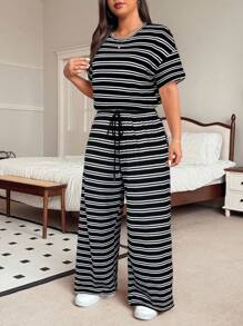 SHEIN EZwear 大码红色条纹T恤和裤子休闲两件套，夏季 - 黑色 - 查看 5