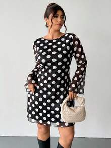 Firerie Váy ngắn chữ A hở lưng họa tiết chấm bi gợi cảm cỡ lớn dành cho nữ, tay loe, phong cách đại học cá tính, thanh lịch, lễ hội âm nhạc đường phố, váy ngắn dáng chữ A hở lưng họa tiết da báo gợi cảm, tay dài hở lưng họa tiết chấm bi đen trắng, hẹn hò lãng mạn - Đen và trắng - Xem 7