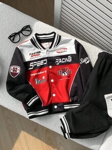 2pcs/Set Young Boy & Girl Casual Sports Style Raglan Loose Baseball Collar Knit Race Car Driver Jacket And Ribbed Cuff Pants Two Pieces Outfit, Suitable For Autumn/Winter Wear