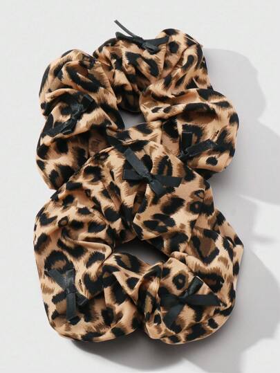 Kawaii 2pcs Y2K Chic Retro Personalized High-End Brown Faux Leopard Print Ribbon Bow Hair Scrunchies Set, Suitable For Sisters And Friends Daily Wear, Holiday Gift