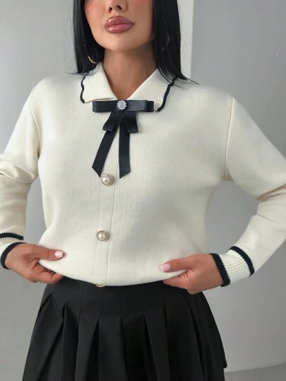 EURMUSE Women Stripe Hem Detailed Front Button Ribbon Polo Neck Drop Shoulder Cardigan,Long Cardigans Woman,Petite Cardigans,Cardigans