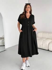 SHEIN Essnce 大码女式休闲宽松连衣裙，夏季短袖连衣裙，宽松舒适连衣裙，带口袋连衣裙，女士休闲连衣裙 - 黑色 - 查看 5
