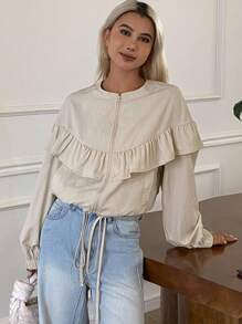 Livesso 女士纯色荷叶边拉链前开襟常规款外套，秋季女装女式外套 - 卡其色 - 查看 2