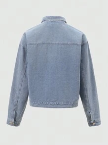 Damen leicht gewaschene blaue Lässig Minimalistische Mode Taschen Langarm Denim Jacke, Damen blaue Oversized Crop Denim Jacke - Helle Waschung - Übersicht 2