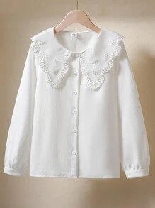 女童优雅彼得潘领校服衬衫，适合学生，搭配连衣裙 - 白色 - 查看 2