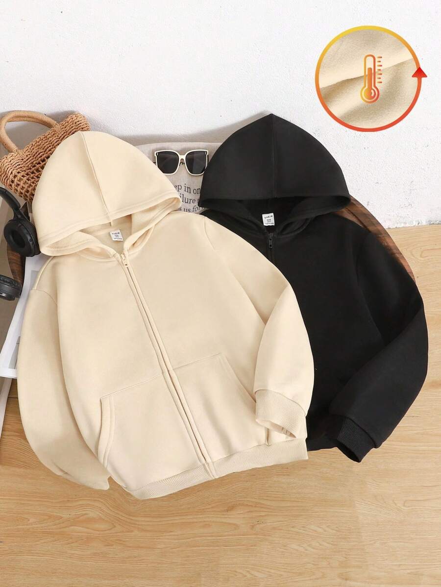 SHEIN Bộ 2 áo nỉ trùm đầu dệt kim tối giản thoải mái cho bé gái tuổi mới lớn, thích hợp mặc khi đi chơi, đi học, mặc hàng ngày, mùa thu/đông - Màu be - Xem 1