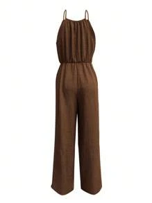 Breezaya 女士时尚宽松连体裤美拉德风格夏季棕色轻盈格纹大学季服装 - 摩卡棕 - 查看 2