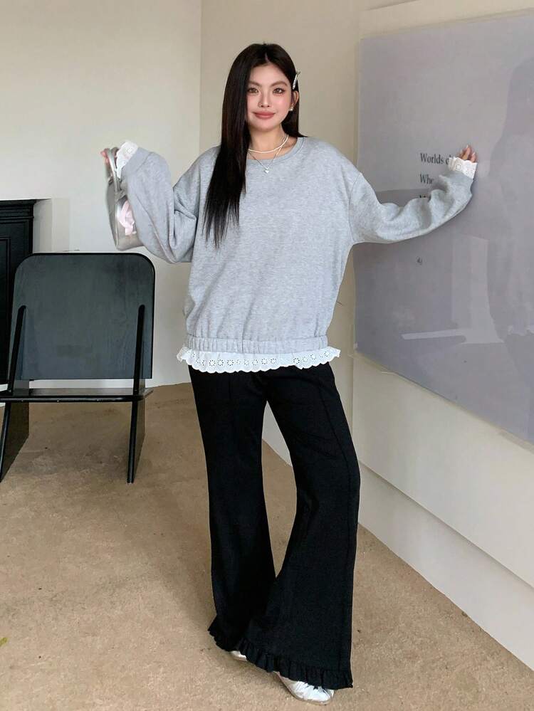 Dazy Plus Crew Neck Solid Color Long Sleeve Lace Patchwork Casual Pullover Sweatshirt For Plus Size Women, Autumn
