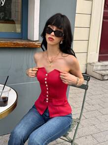 SHEIN Unity 女式春夏新款时尚金色纽扣下摆开衩性感V领褶饰短款上衣 - 酒紅色 - 查看 3