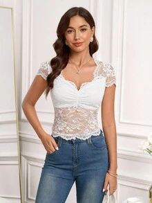 SHEIN Clasi Elegant Solid Color Sweetheart Neck Lace Blouse, Suitable For Oktoberfest - White - View 5