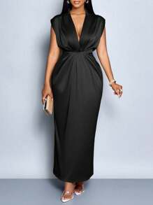 SOLERSUN Women Commute Minimalist Office Old Money Simple Lapel Neck Batwing Sleeve Ruched Bodycon Satin Dress Maxi Women Outfit