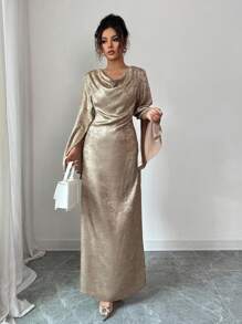 Selianne Women's Metallic Flared Sleeve Elegant Dress Fall Cloth For Women - Gold - View 6