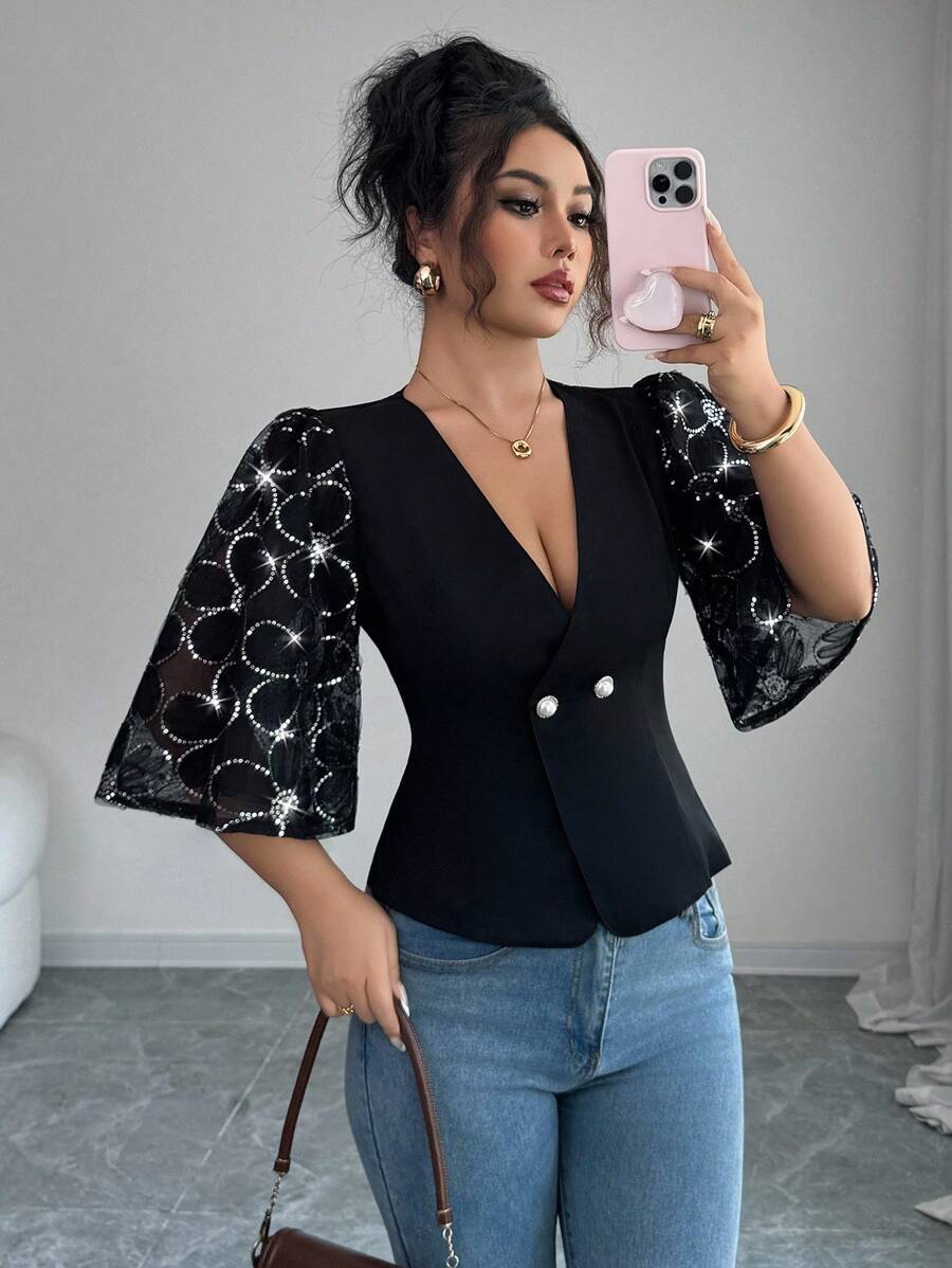 Elenzga Blusa elegante y sexy de escote en V para damas, con borde de volantes tejidos y parches bordados, adecuada para fiestas, té de la tarde, Halloween - Negro - Ver 1