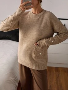 EURMUSE Women Solid Color Brushed Yarn Rhinestone Detailed Pocket Round Neck Drop Shoulder Pullover Women's Brown Sweater Fall Sweater Knit Sweater Embellished Sweater Pullover Sweater,Jumper,Cream Jumper,Jumpers,Christmas Jumper,White Jumper,Black Jumper,Ladies Jumper,Women's Jumpers - Light Grey - View 4