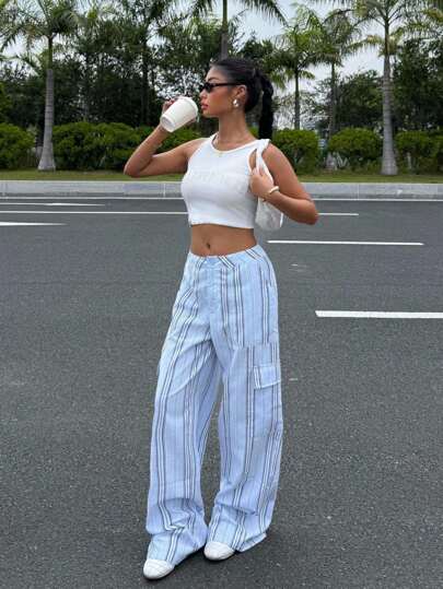 Muchica 2025 New Simple Autumn Women's Casual Fashion Blue Striped Loose Pocket Trousers For Going Out, Back To School Wear, Graduation Wear, Street Wear, Grunge And Punk Fashion, Y2K Clothing And Stockholm Style, Avant-Garde Women's Clothing And Unique Clothing, Back To School Wear, Homecoming, 2000s Style, Y2K Clothing Back To School Wear