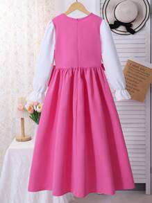 SHEIN Sparklyn Girls' Pink Minimalist Stylish Sweet Long Sleeve Dress Girls Pink Dress With Bow Pink Bow Dress For Girls Girls Pink Long Dress Girls Preppy Dress Girls Pink Special Occasion Dress Bow Decoration - Pink - View 2