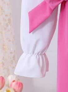 SHEIN Sparklyn Girls' Pink Minimalist Stylish Sweet Long Sleeve Dress Girls Pink Dress With Bow Pink Bow Dress For Girls Girls Pink Long Dress Girls Preppy Dress Girls Pink Special Occasion Dress Bow Decoration - Pink - View 7