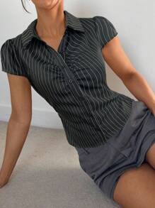 Siren Gaze 女士休闲通勤条纹修身衬衫，夏季商务休闲女衬衫修身衬衫办公室衬衫细条纹衬衫女上衣 - 深灰色 - 查看 5