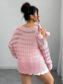 Elenzga Suéter de punto de manga larga con hombros descubiertos, cordones y calado, talla grande - Rosa - Ver 2