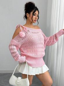 Elenzga Suéter de punto de manga larga con hombros descubiertos, cordones y calado, talla grande - Rosa - Ver 5