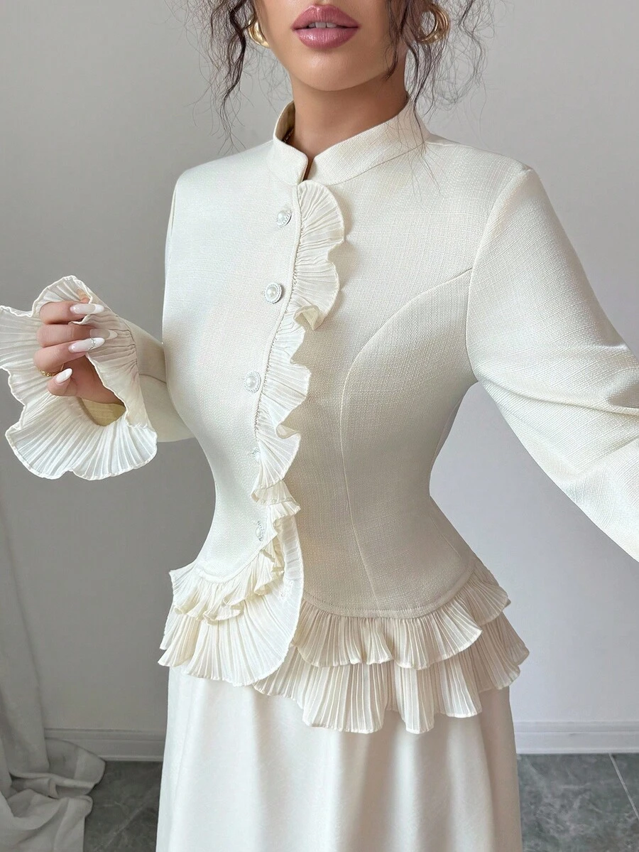 Elenzga Bộ trang phục sang trọng thanh lịch 2 món dành cho nữ: Áo cánh tay dài cài nút ngọc trai + Chân váy maxi chữ A lưới xuyên thấu, thích hợp cho Halloween, Giáng sinh, Quốc khánh, Tiệc năm mới, Lễ tốt nghiệp, Đám cưới, Nhập vai, Đi làm, Trang phục công sở thường ngày - Màu be - Xem 1