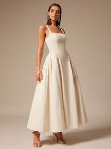 Silquee Women's Solid Color Pleated Design Square Neck Sleeveless Elegant Mid-Length Dress Cream Dress A Line Formal Dress Ankle Length Dress Ivory Dress Suitable For Daily, Dating, Going Out, Nightclub, Party, Autumn, Women's Summer Dresses, Tea Party Dresses