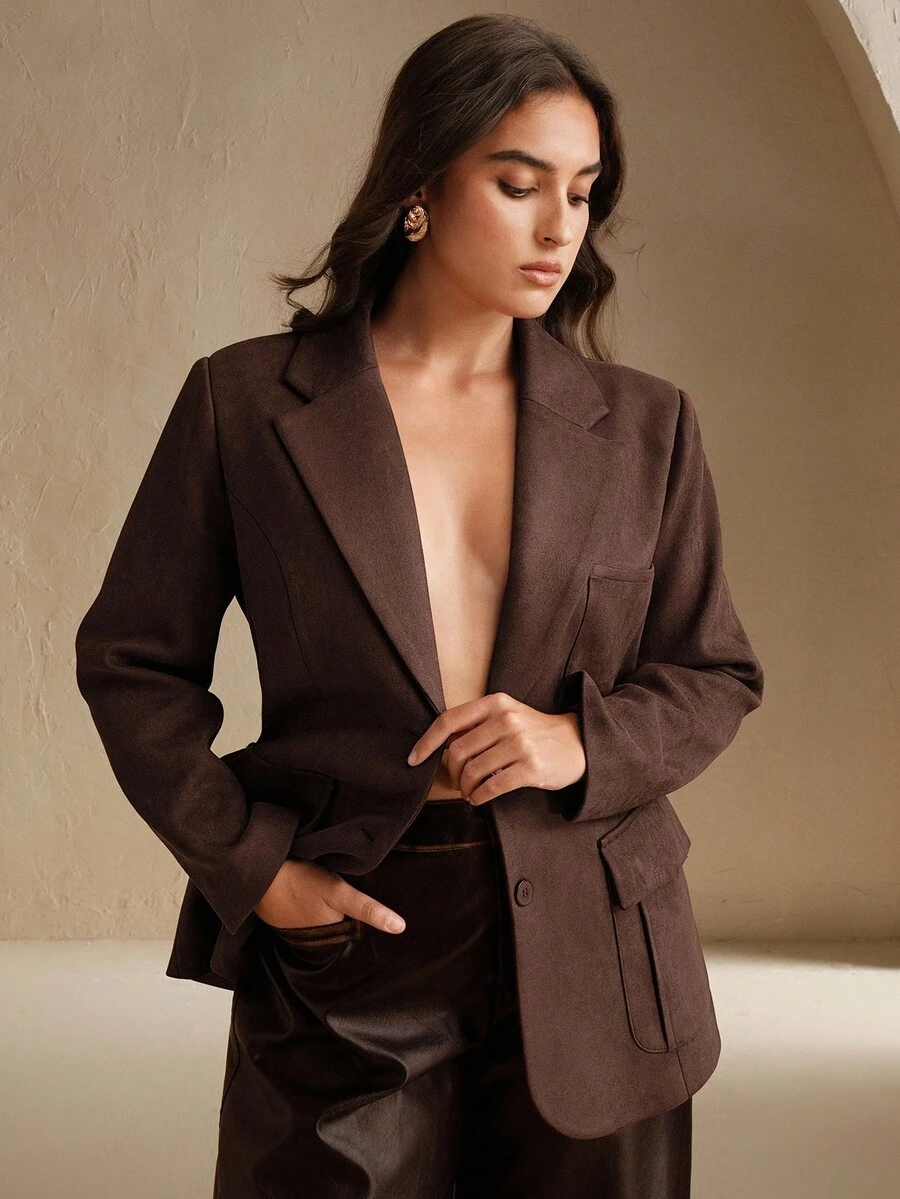 Anewsta بليزر نسائي طويل الأكمام من الجلد المدبوغ مع بطانة من الفليس، متعدد الجيوب، بتصميم أنيق وأنيق للأعمال والمناسبات الرسمية، مقاسات كبيرة