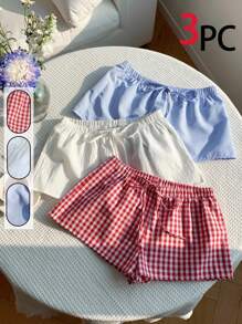 SHEIN EZwear Plus Size Women Waist Tie Plaid Loose Casual Shorts