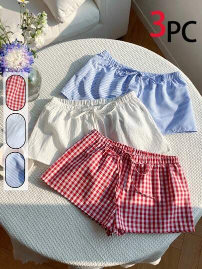 Comfortcana 3pcs/Set Blue & White Striped, Plaid Plus Size Women's Casual Shorts For Beach Vacation