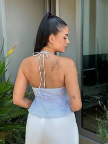 Lucia Bellido Romantic Vacation Sexy Racerback Blue Striped Lace-Up Camisole For Women - Blue - View 4