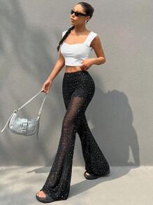 SHEIN EZwear 黑色閃亮透視喇叭褲，適合音樂節穿著 - 黑色 - 查看 6