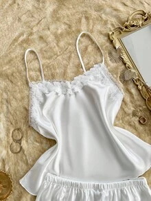 SHEIN Floral Embroidery Lace Patchwork Camisole & Shorts Women Pajama Set - White - View 4