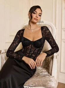 Glamine Charm Bộ đồ liền thân ren vá màu trơn cổ tim gợi cảm trong suốt có tay dài dành cho nữ - màu đen - Xem 10